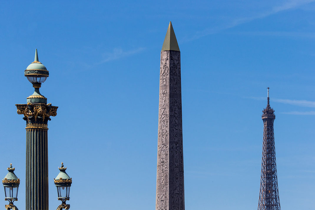 Place de la Concorde with Luxor Obelisk, Eiffel Tower and street lamps, Paris, France 