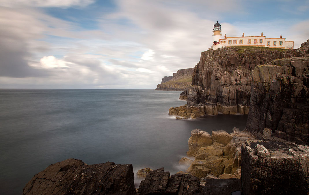 Neist Point Lighthouse on a cliff with ocean Iisle of Skye, Scotland, Long Exposure, ND Filter, 1280x810px