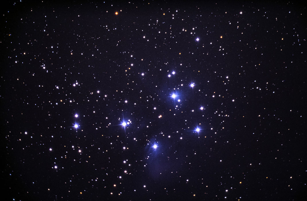 Pleiades Open Star Cluster, Vixen R200SS Telescope, Scan from Slide Film, Kodak Elite Chrome, 1280x839px