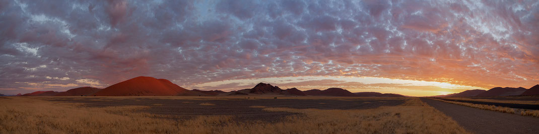 Red glowing Sand Dunes at Sunset, Sossusvlei, Namib Naukluft Park, Desert, Namibia, Africa, Panorama, 3000x745px