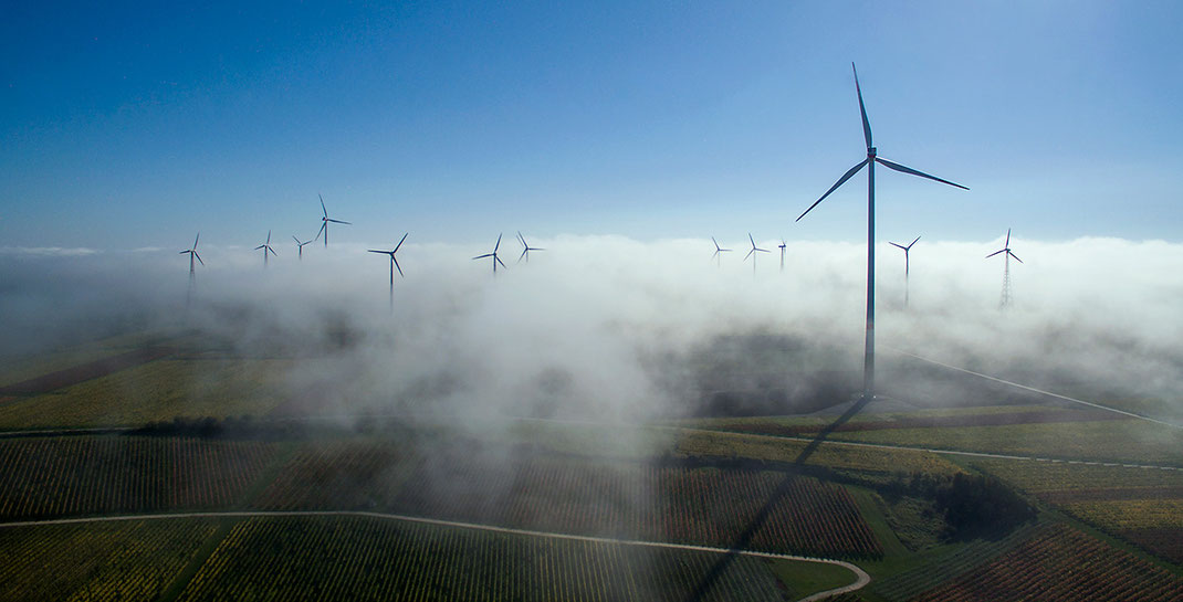 Wind Energy and Autumn Fog with Sunshine, Wine Region, Dji Phantom, Drone, Germany, 1280x652px