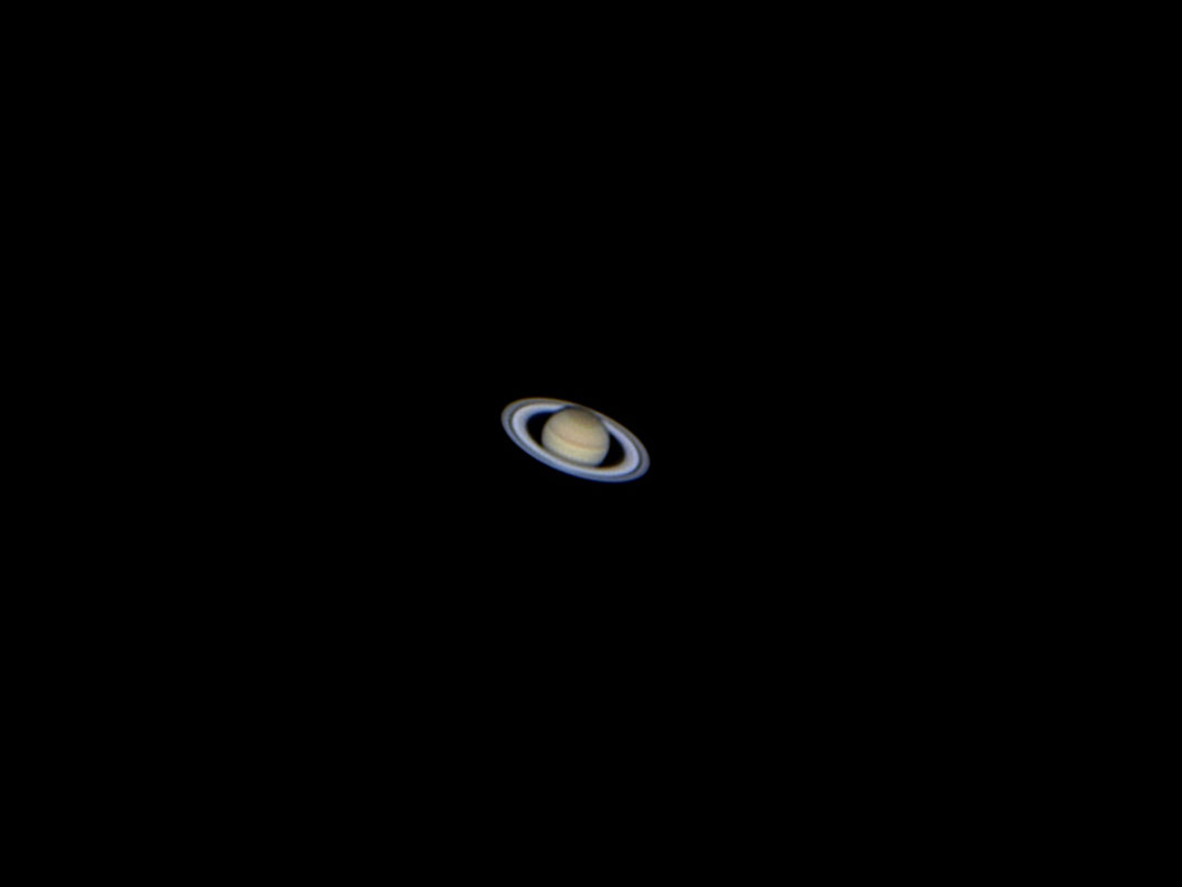 Saturn with prominent clouds and Cassini Division of the rings, Celestron 8, TUCam Pro, Webcam, 1280x960px