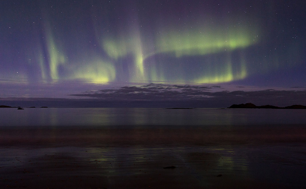 Aurora Borealis, Northern Lights at Ramberg Beach, Lofoten Islands, Arctic Circle, Norway, 1280x792px