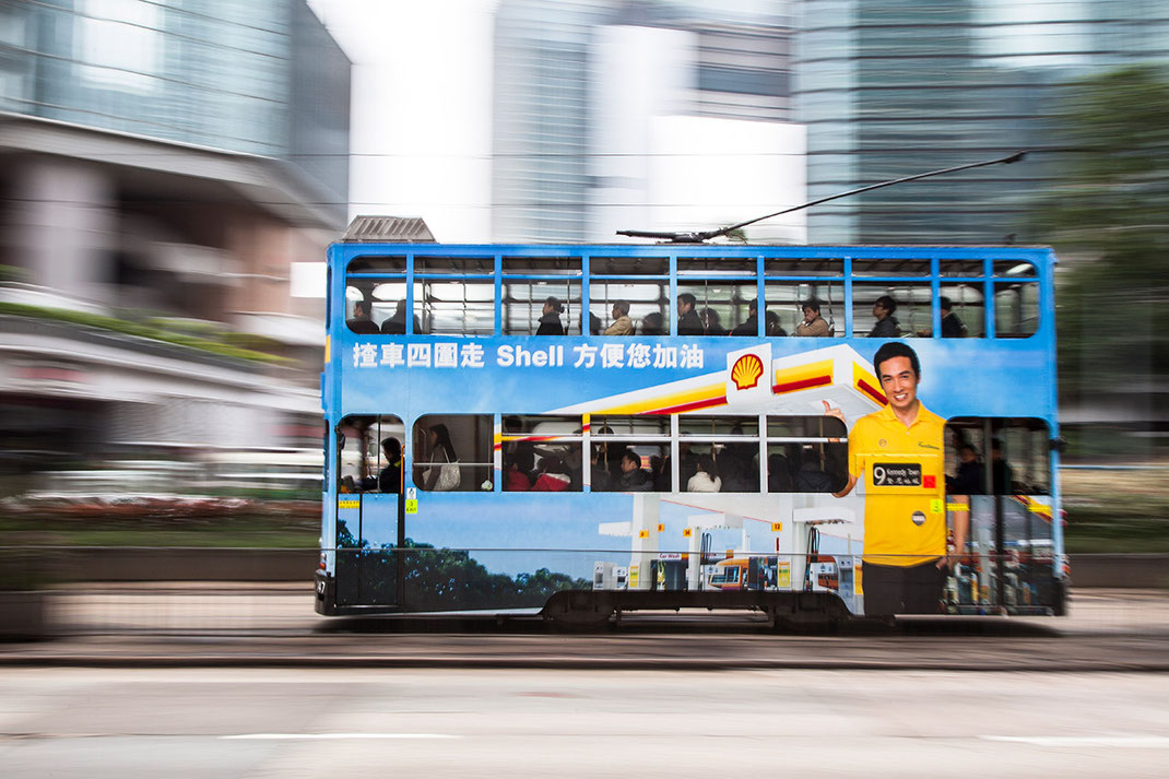 Historical Hongkong Tram while driving, Colonial Style, Downtown, Kowloon, China, 1280x853px 