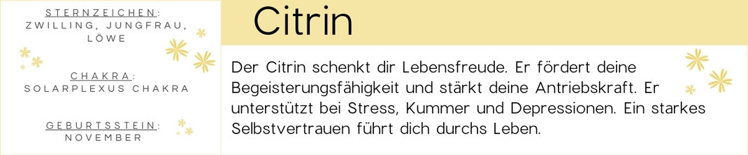 Banner Grafik mit Text zur Bedeutung des Edelsteins Citrin. 