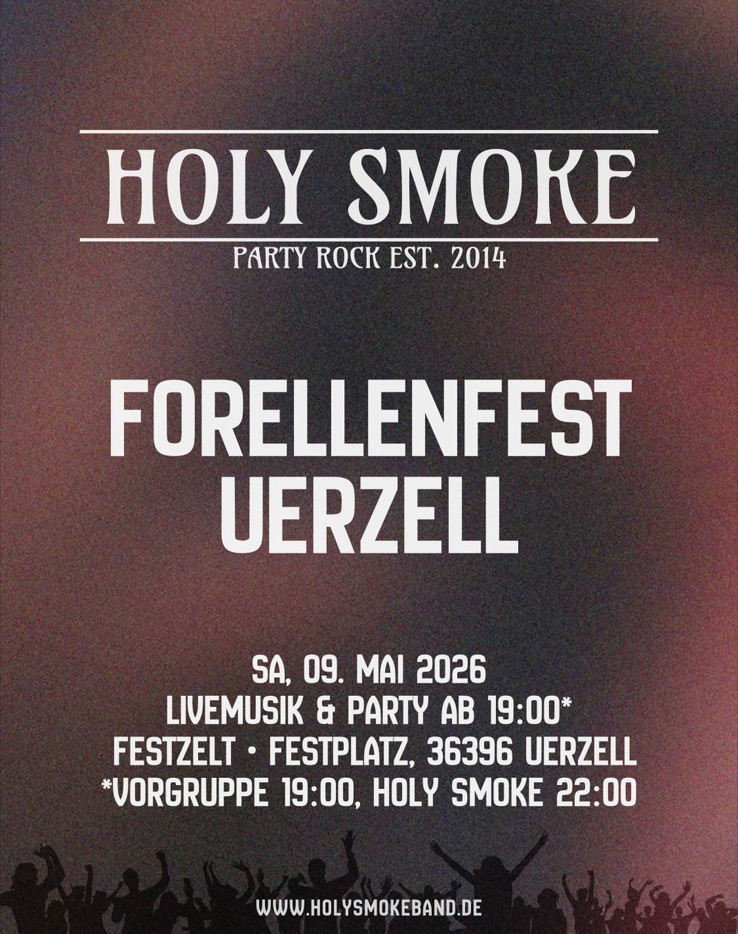 Festzelt Band Holy Smoke beim Forellenfest in Ürzell 2026. Coverband Party im MKK.