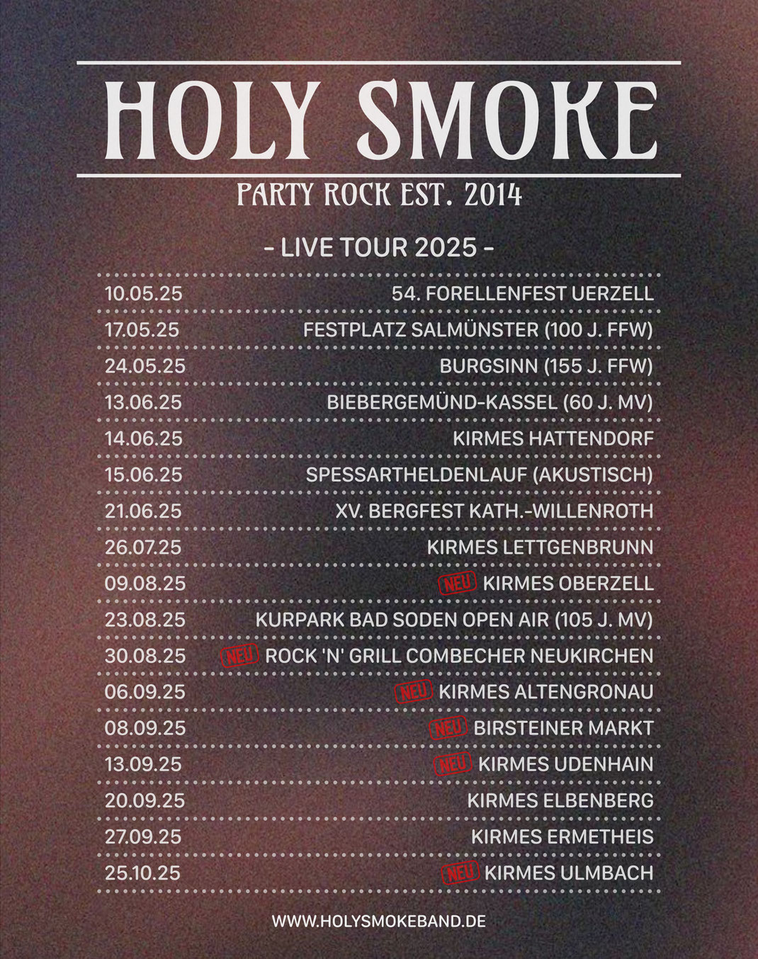 Holy Smoke Termine Live 2025 Partyband MKK Spessart Veranstaltungen Hessen