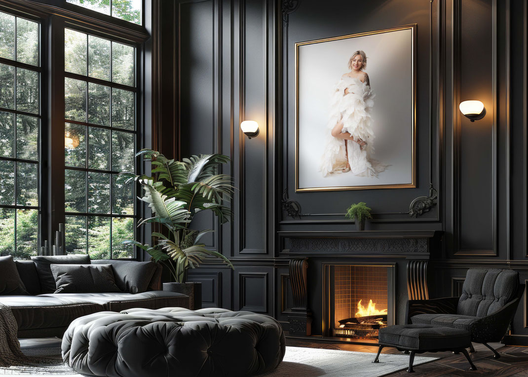 Luxury living room mockup featuring large statement wall art from a boudoir photoshoot