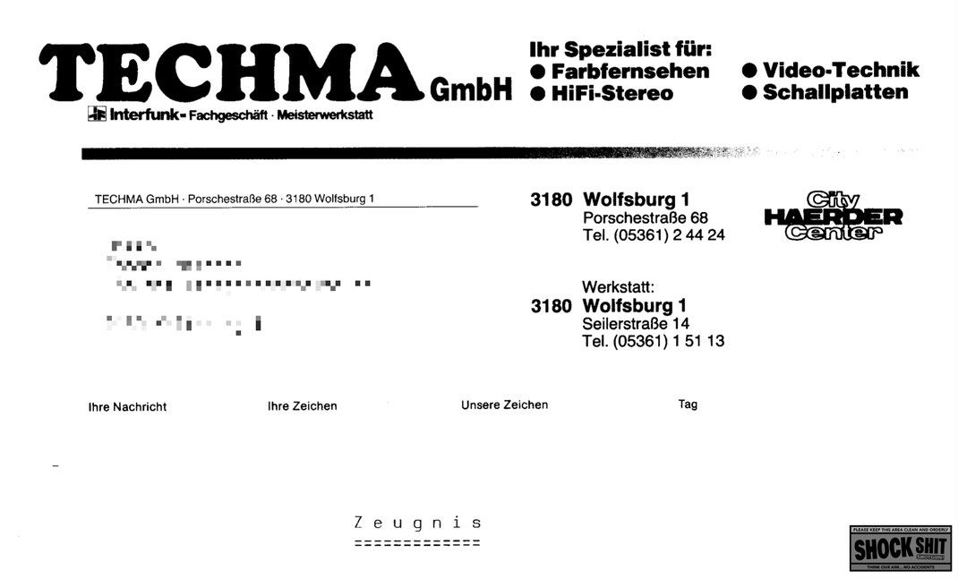 Das offizielle Logo auf dem Briefkopf der TECHMA GmbH in den 80er-Jahren.