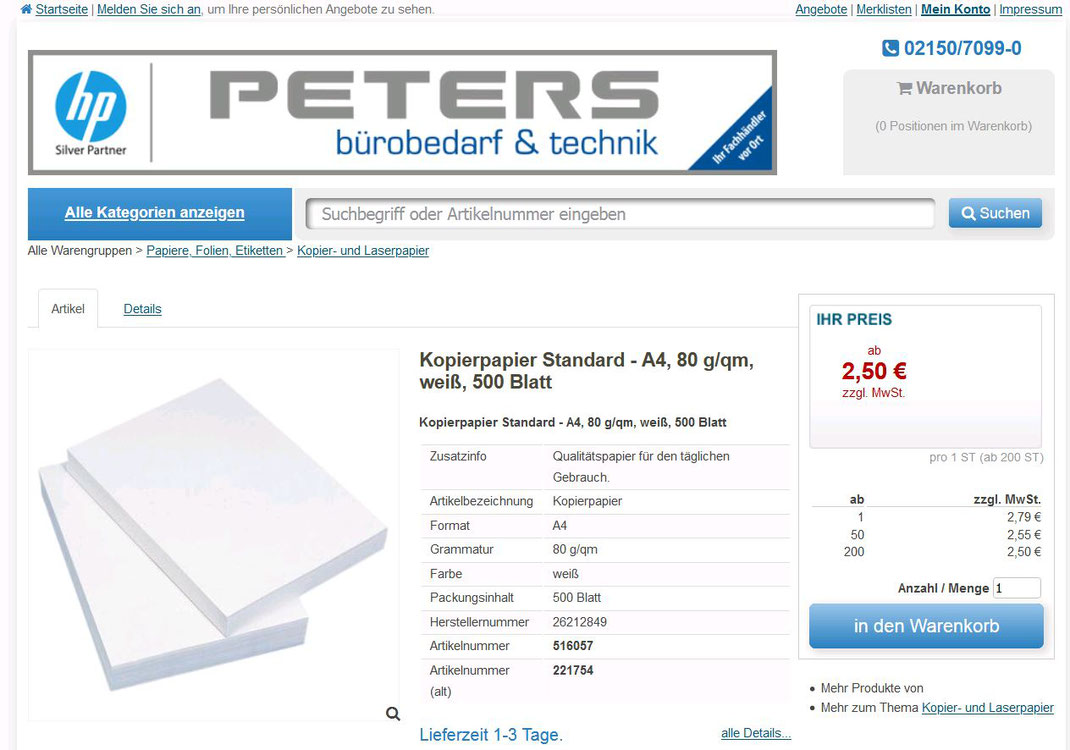 Druckerpapier Preiswert Online Kaufen Peters Burobedarf Hp Service Und Verkauf