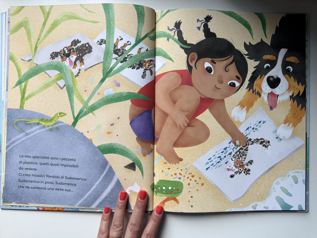 Illustrazione con Ava e il suo cane. La bambina crea un collage con i rifiuti di plastica