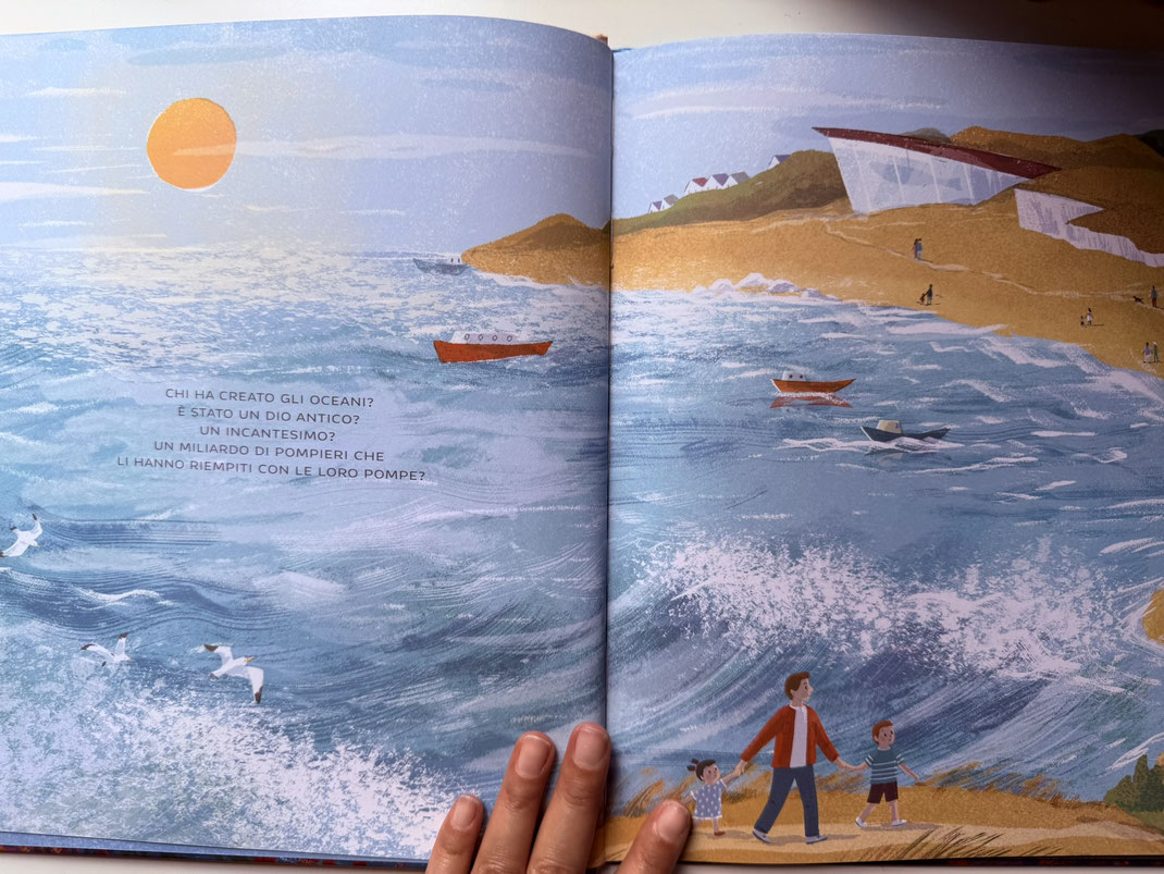 Pagina con testo breve sulle domande dei bambini sulla formazione degli oceani. Albo illustrato di Sally Nicholls e Carolina Rabei racconta