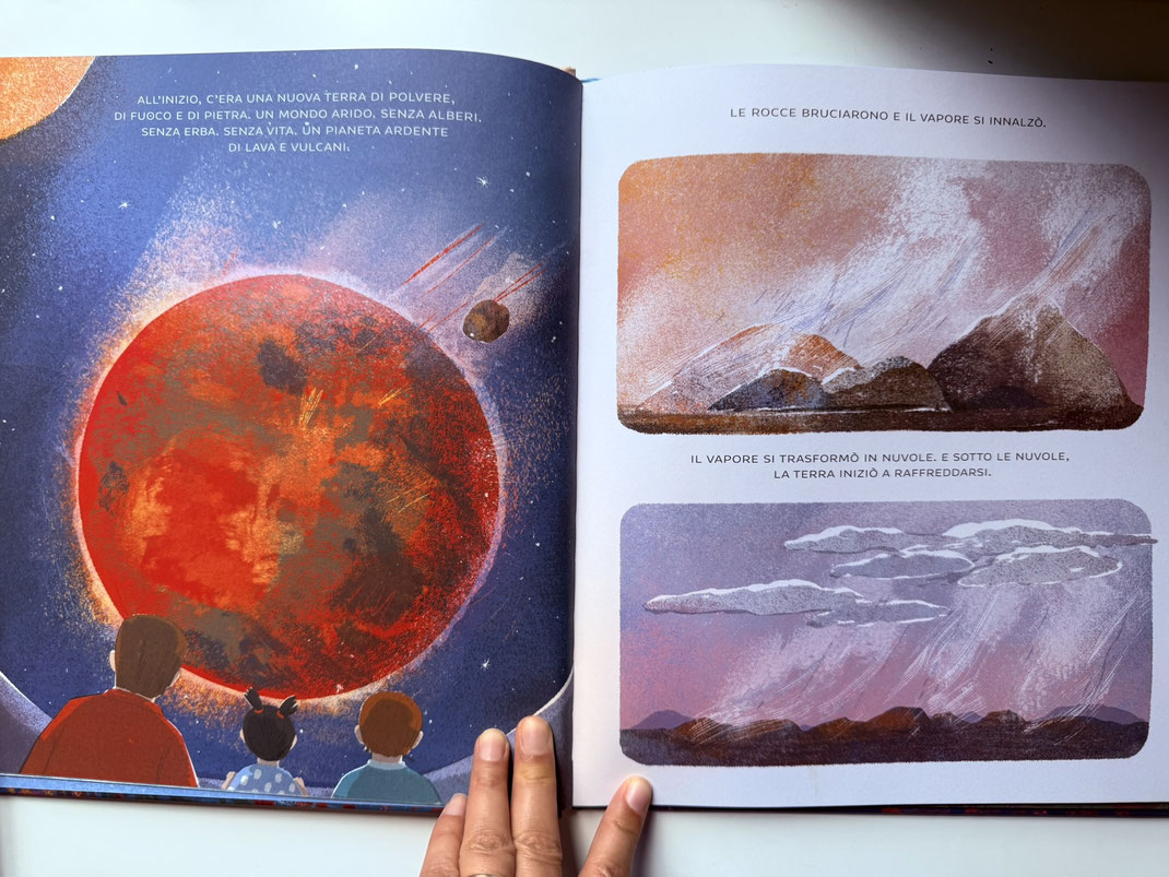 Illustrazione della terra quando era fatta di polvere, terra e fuoco, dal libro "Per fare un oceano"