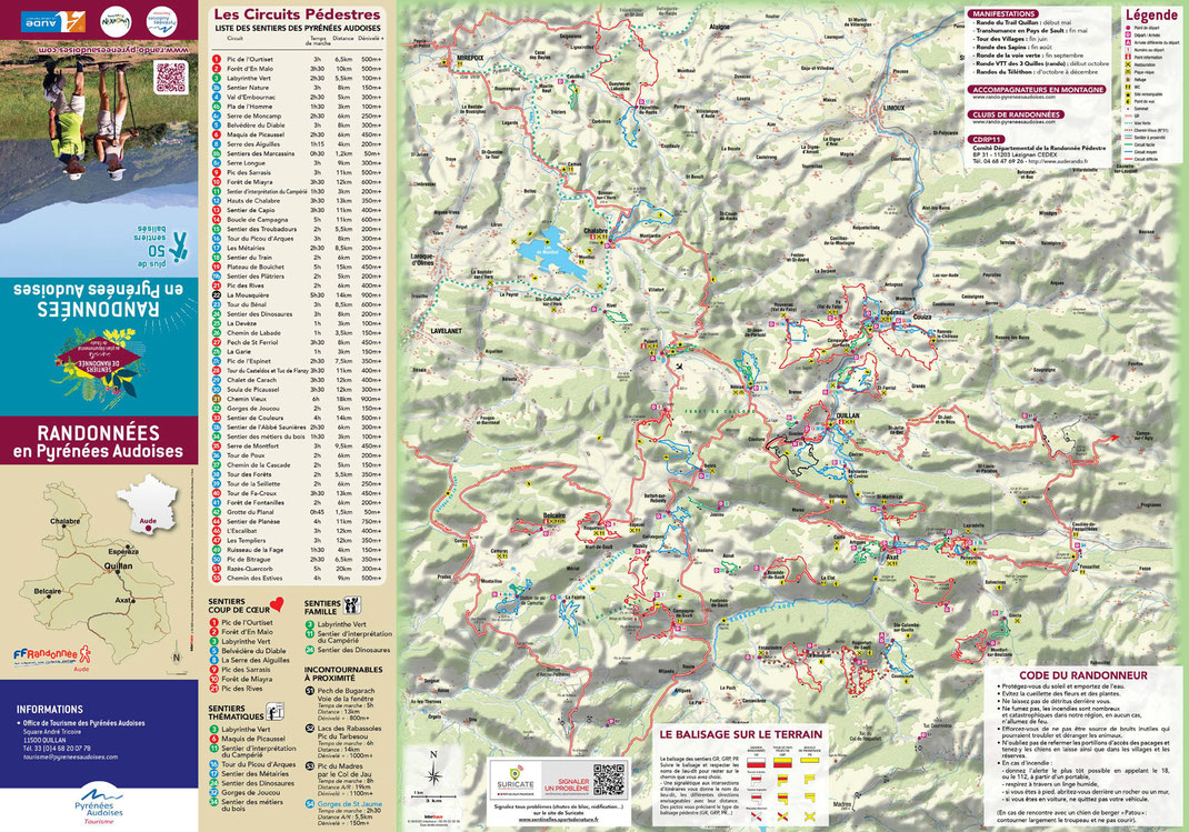 Carte des sentiers de randonnée des Pyrénées Audoises