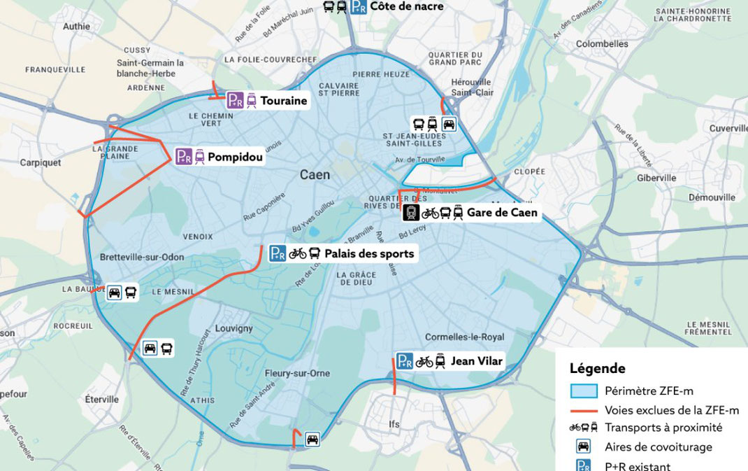 Die Umweltzone in Caen ist blau markiert. 