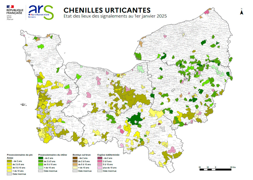 Haarige Plagegeister: Pinienprozessionsspinner (oliv bis gelb), Eichenprozessionsspinner (grün), Goldafter (braun) und unbesinnte Arten (pink/rosa). Quelle: ARS Normandie