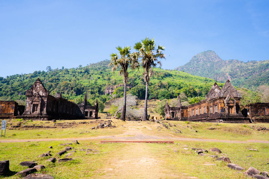Las antiguas ruinas de Vat Phou a la hora de comer.