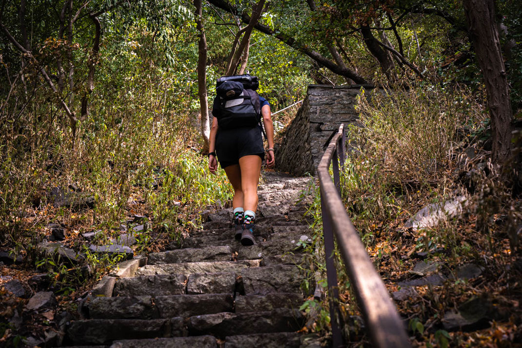 Eine Frau marschiert mit einem Rucksack auf dem Rücken steile Stufen in einem Wald hinauf.