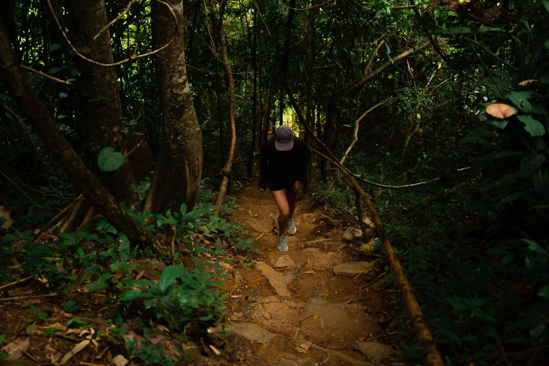 Una mujer sube a través de una densa selva hasta el mirador de Nam Xay.
