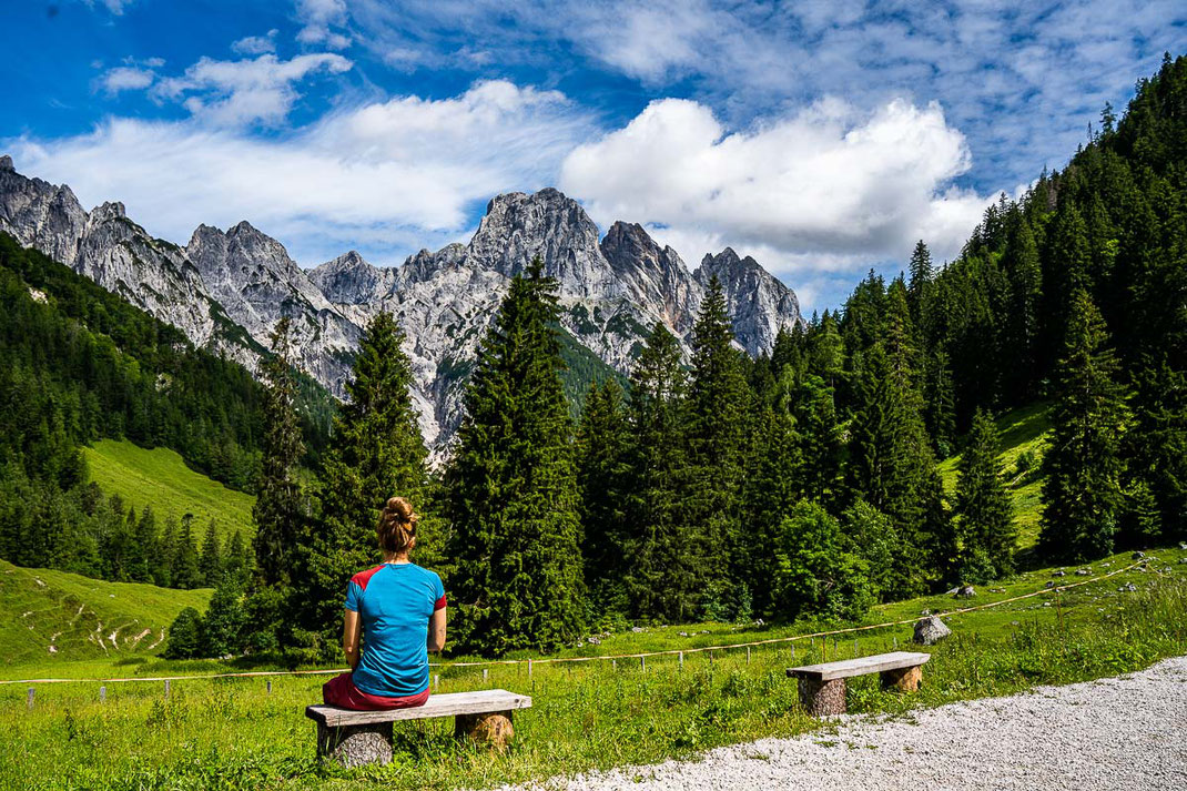 Ausblick auf die Berge, Wiesen und Wälder von der Bindalm mit Frau im Vordergrund.