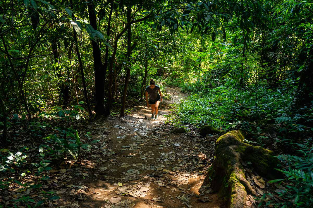 A woman walks up a steep path to Wat Phra That Doi Suthep.