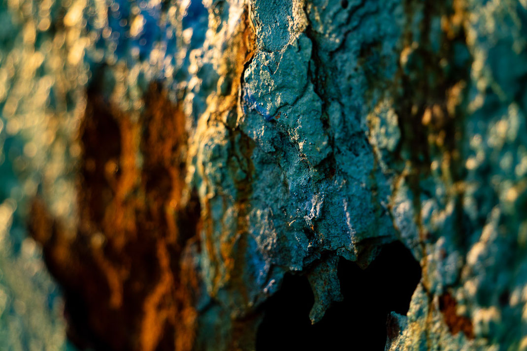 Detailaufnahme der rostenden Außenwand eines Schiffswrack bei Sonnenaufgang.