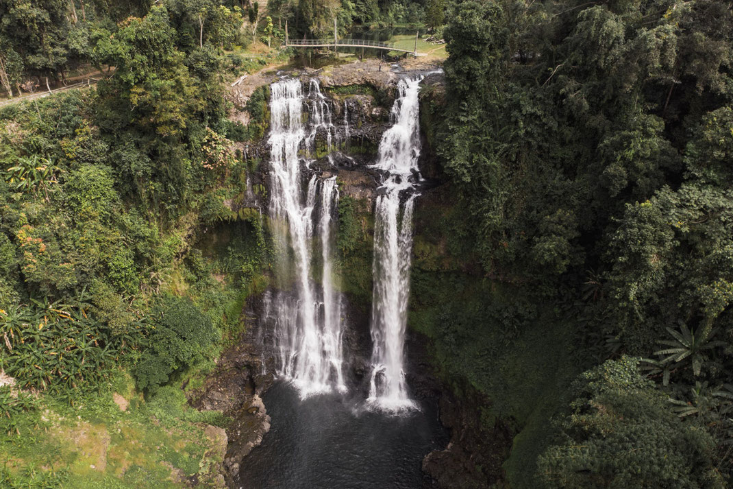 Drone shot of Tad Yuang waterfall on Bolaven Plateau.