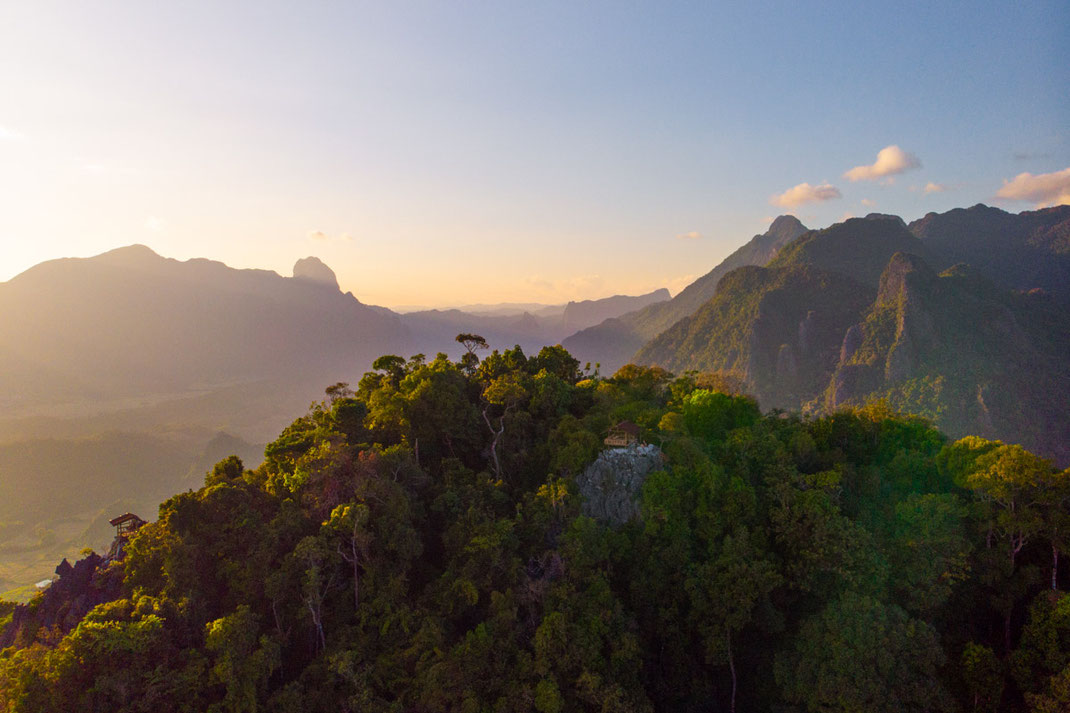 Drone shot from Pha Ngern Cliff Viewpoint at sunset.