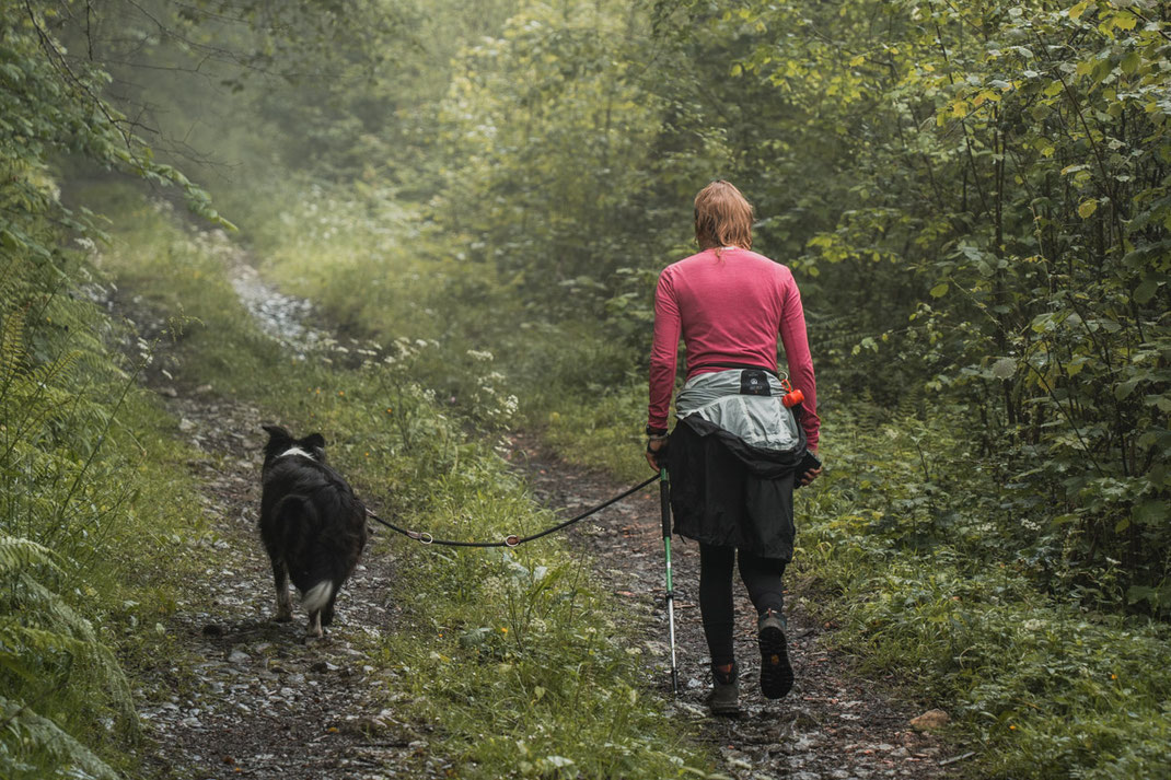 Eine Frau mit ihren Hund wandert durch einen dichten Wald im Nationalpark Picos de Europa.