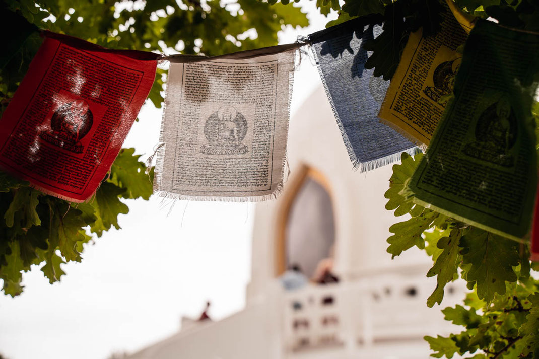 Die bunten Gebetsfahnen versperren fast die Sicht auf die Friedens Stupa und den golden Buddha.