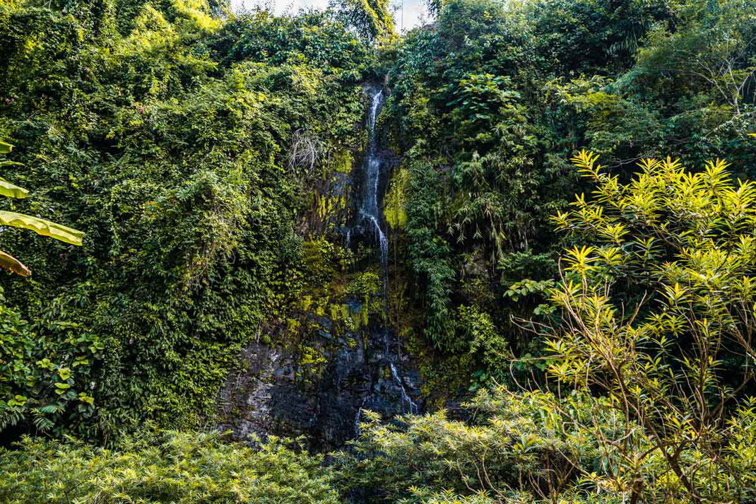 The approximately 30 meter high Kaeng Nyui waterfall in Vang Vieng during the day.