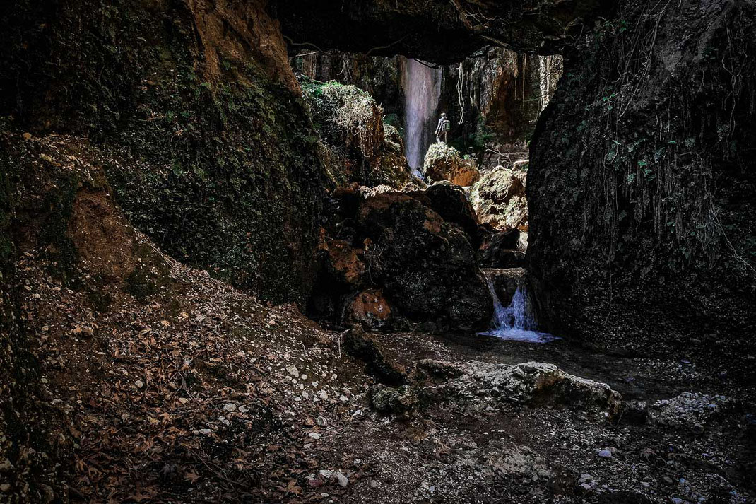 Ein Wasserfall umgeben von großen Großbuchstaben und dichten Grün.