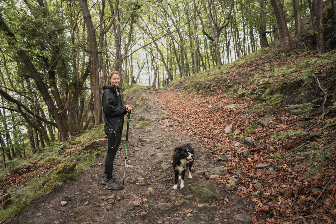 Eine Frau steht auf einem Wanderweg in einem dichten Wald im Nationalpark Picos de Europa.