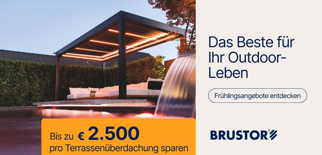 Brustor Frühlingsangebote auf ausgewählte Lamellendächer und Sonnenschutz-Produkte gültig bis Ende Februar 2026.