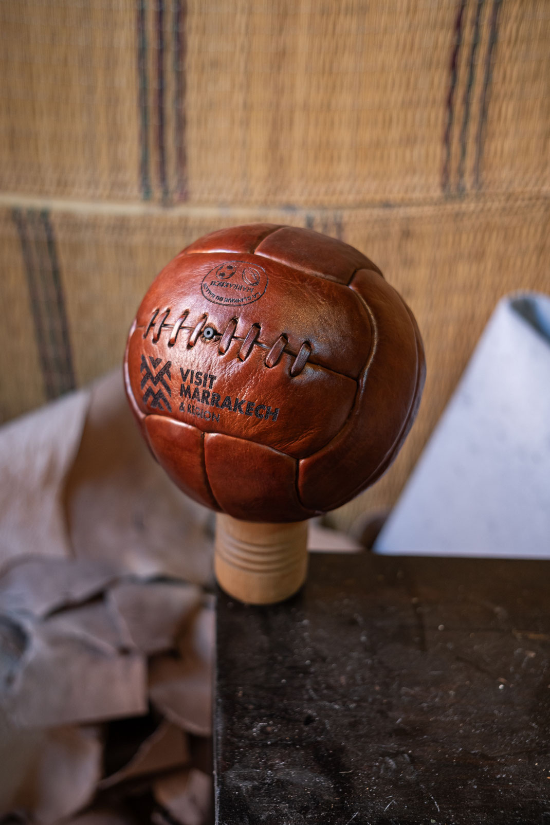 A football ball handmade from Kamal Boukentar at La clinique du ballon - Marrakech Morocco