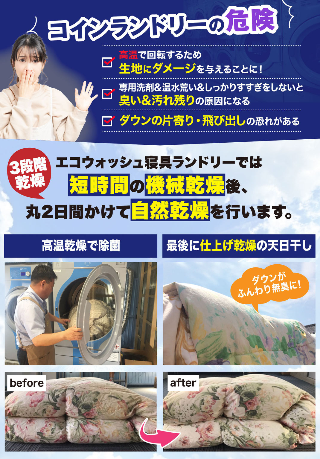 WASH&SLEEPの羽毛ふとんは、機械乾燥、自然乾燥、天日干しと3段階乾燥です。