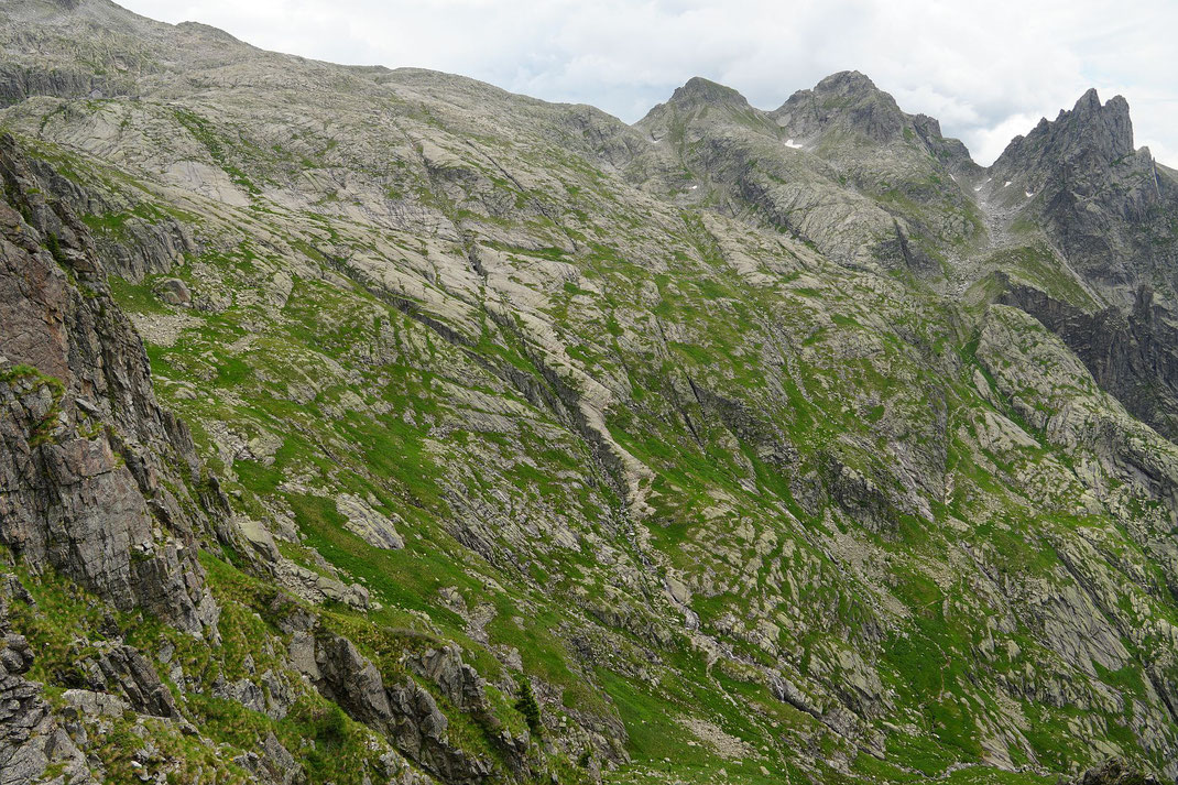 Durch diese "grüne" Flanke verläuft der Zustiegsweg zum Rif. Cima d'Asta (rechts im Bild ist der Steig zu erkennen)