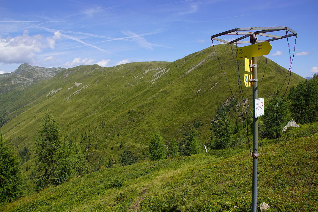 Wegweiser, im Hintergrund links der Stawipfel