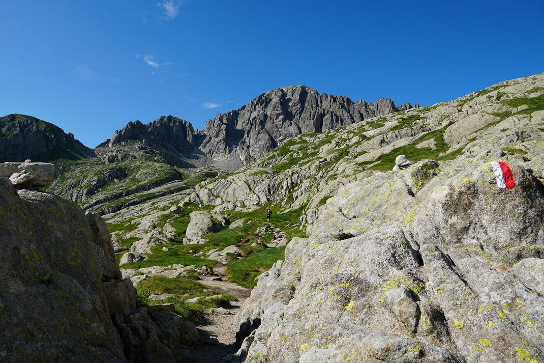 Nach der langen Karquerung die letzten 200 Höhenmeter hinauf zur Hütte, die Cima d'Asta immer im Blick