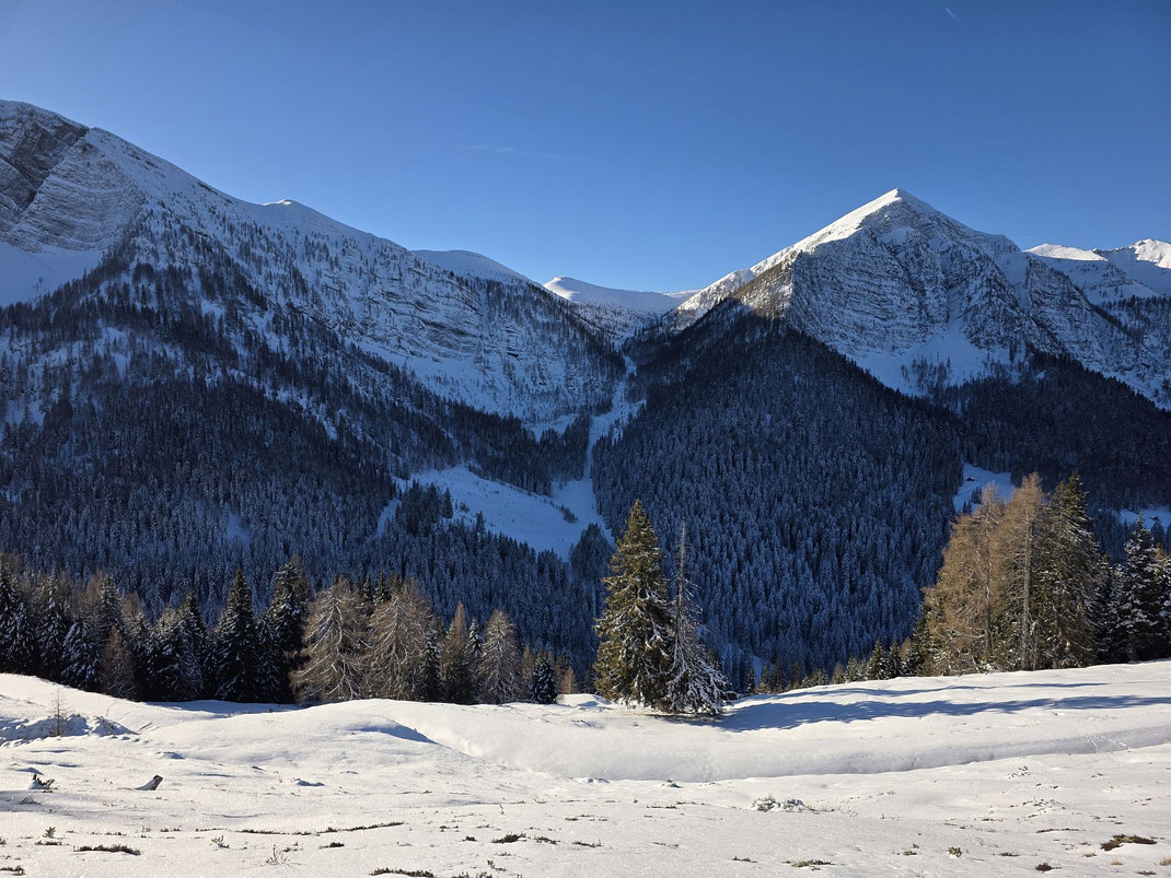 Bei der Abfahrt hinab in den Gusengraben kommt das Ziel ins Blickfeld (Gipfel oberhalb der Bildmitte)