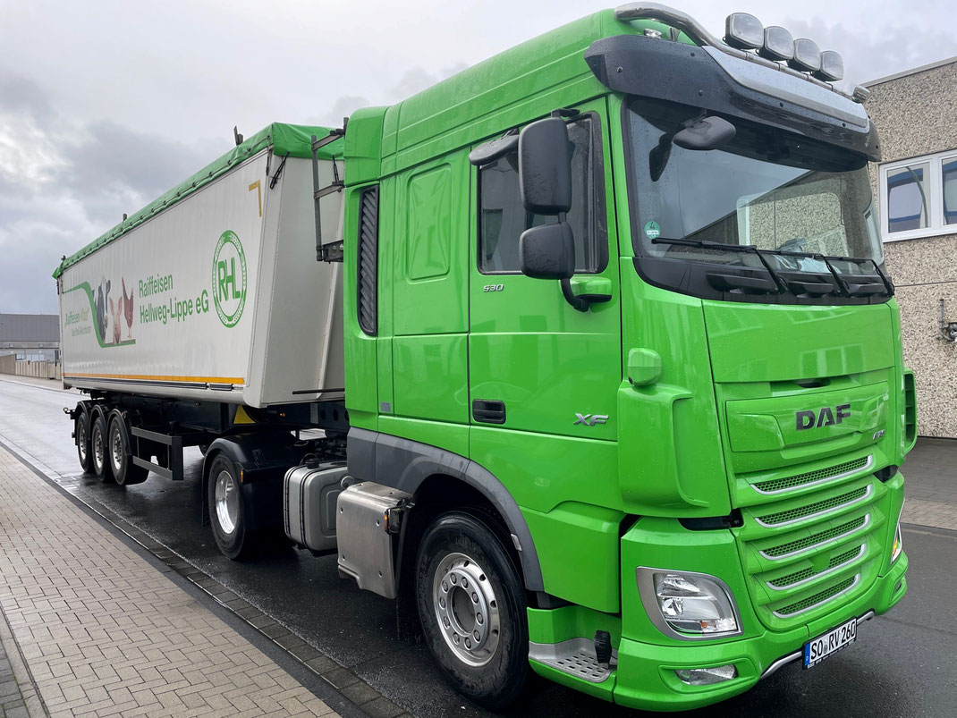 Abbiegeassistent für einen DAF XF in Wagenfarbe grün der Raiffeisen Hellweg-Lippe eG auch für DAF LF und DAF CF geeignet. Ein Abbiegeassistent für alle Fahrzeugtypen. WUE AAS-4.0