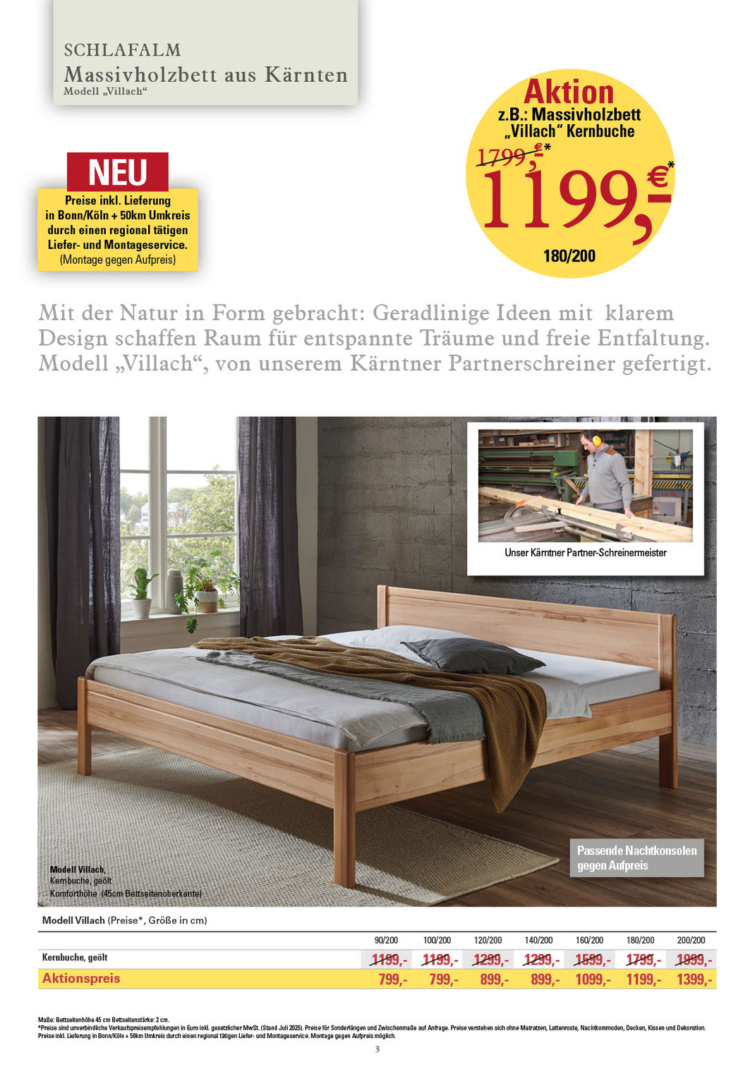 Ein Bild, das Text, Massivholzbetten, Betten zu Aktionspreisen, Massivholzbett -Villach- und Preise enthält.