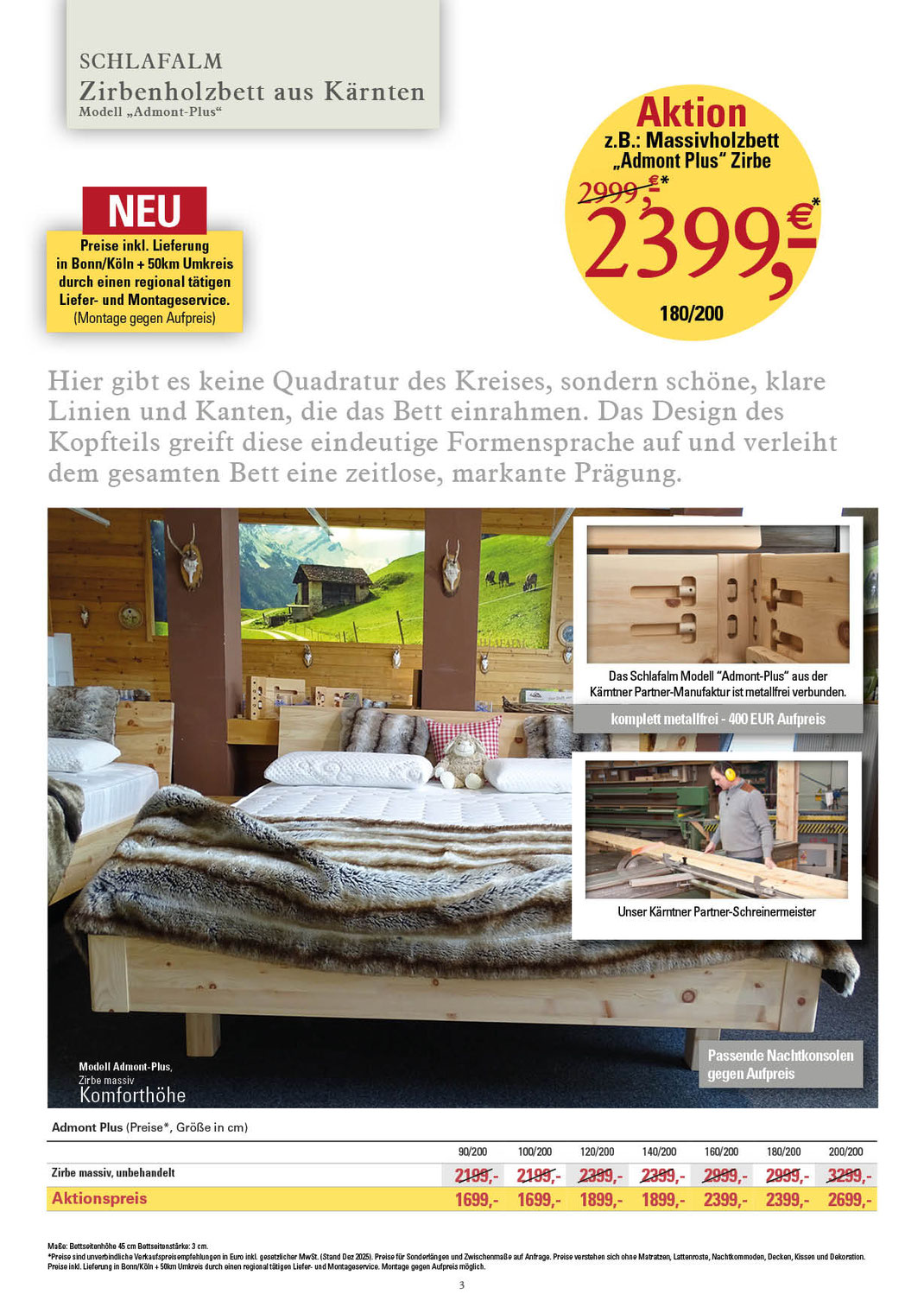 Ein Bild, das Text, Massivholzbetten, zu Aktionspreisen, Massivholzbett -Admont-Plus in Zirbenholz massiv und Preise enthält