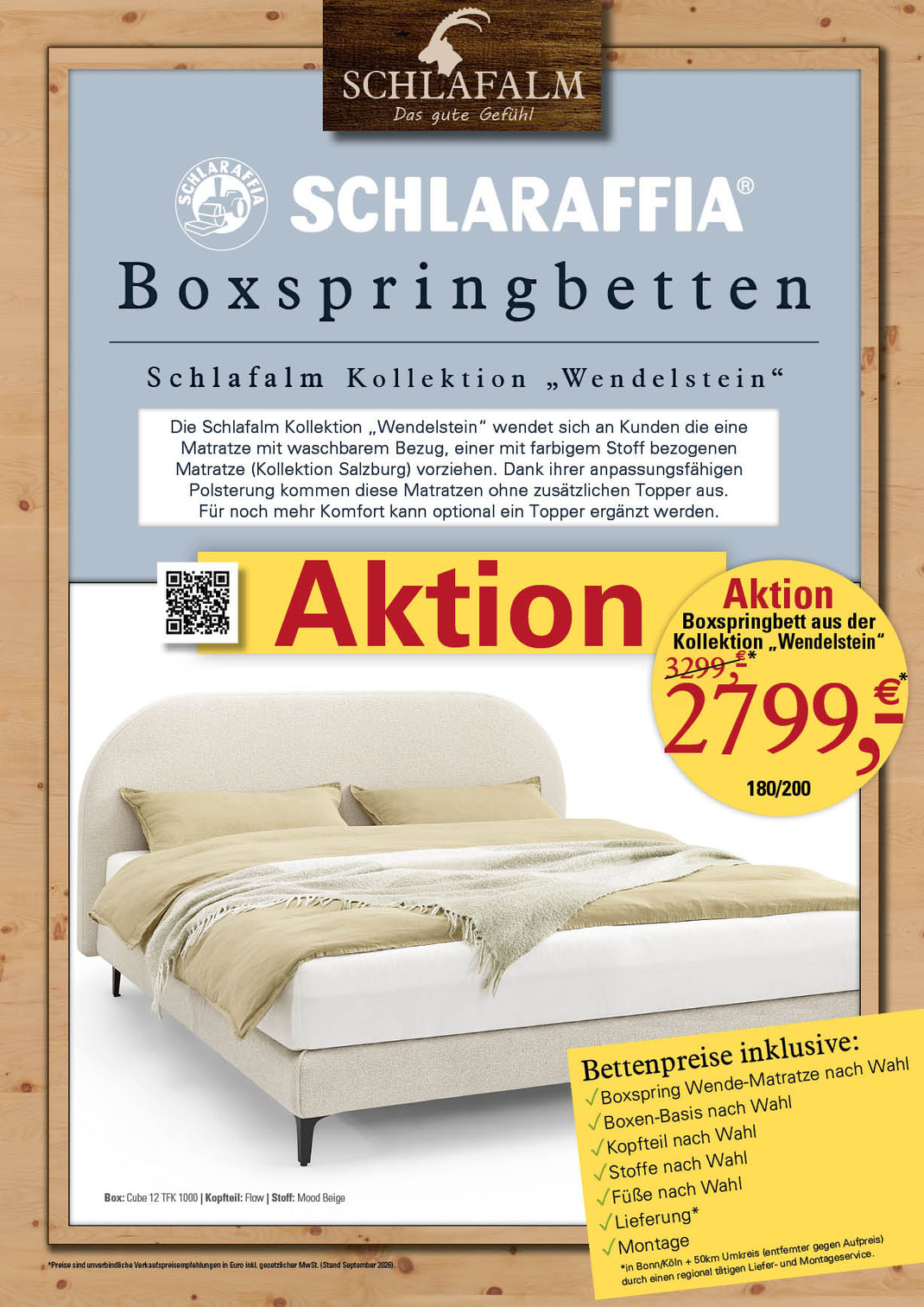 Ein Bild mit Schlaraffia Boxspringbetten der Kollektion Wendelstein zu Aktionspreisen, das Text und Bilder der Schlaraffia Boxspringbetten in allen Größen zeigt.