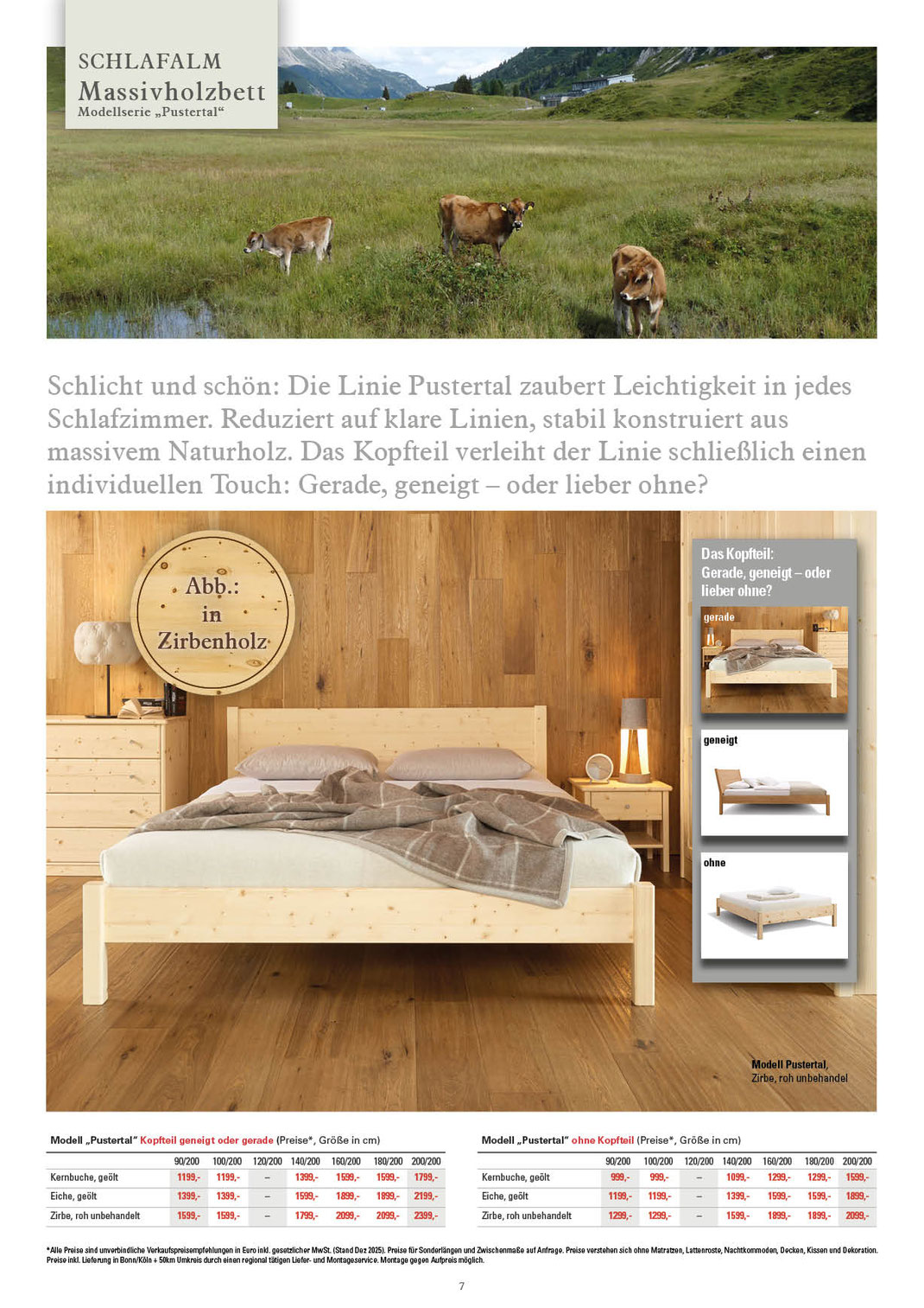 Ein Bild, das Text, ein Zirbenholzbett aus der Schlafalm Partner Manufaktur in Südtirol, Modell "Pustertal" enthält.