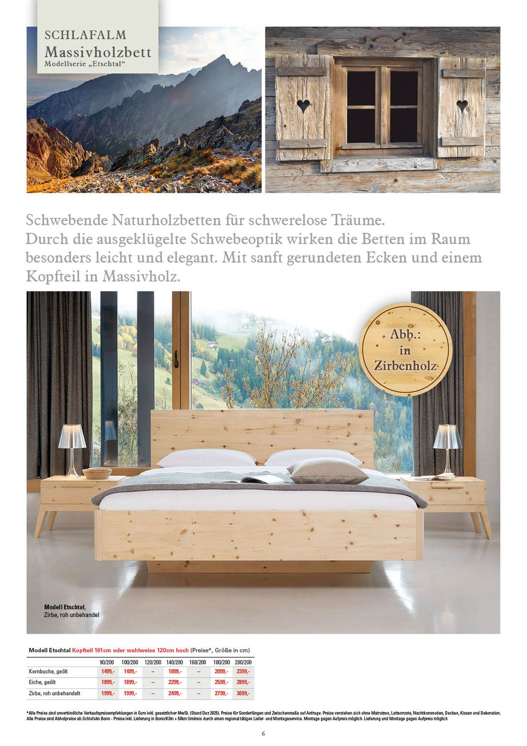 Ein Bild, das Text, ein Zirbenholzbett aus der Schlafalm Partner Manufaktur in Südtirol, Modell "Etschtal" enthält.