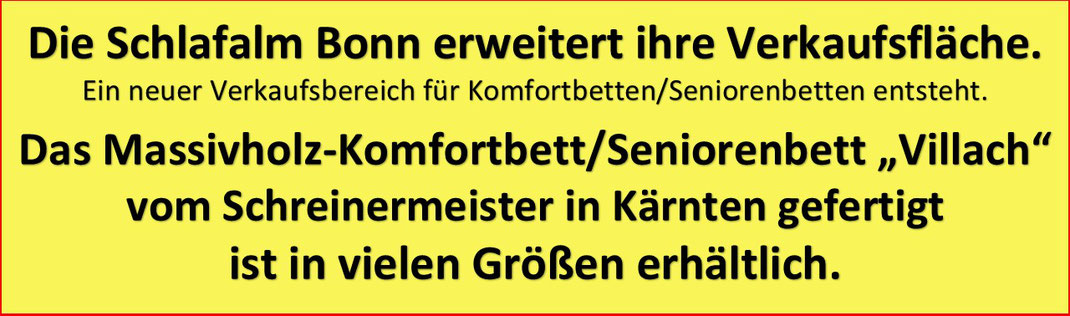 Ein Bild mit Text. Die Schlafalm Bonn erweitert ihre Verkaufsfläche, so entsteht ein extra Bereich für Ausstellungsstücke und Einzelstücke zu reduzierten Preisen - Die SchnäppchenAlm.