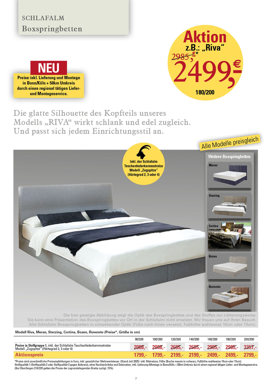 Ein Bild, das Text und Boxspringbetten in den Größen 100x200cm, 120x200cm, 140x200cm, 160x200cm, 180x200cm und 200x200cm und in Übergrößen und Überlängen enthält. zu Aktionspreisen enthält.