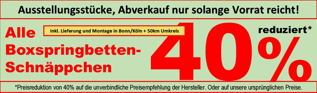 Ein Bild der Schlafalm Bonn für unsere Besucher aus Bonn und dem Rhein Sieg Kreis das Boxspringbetten und Boxspringbetten aus der Ausstellung zu Sonderpreisen zeigt.