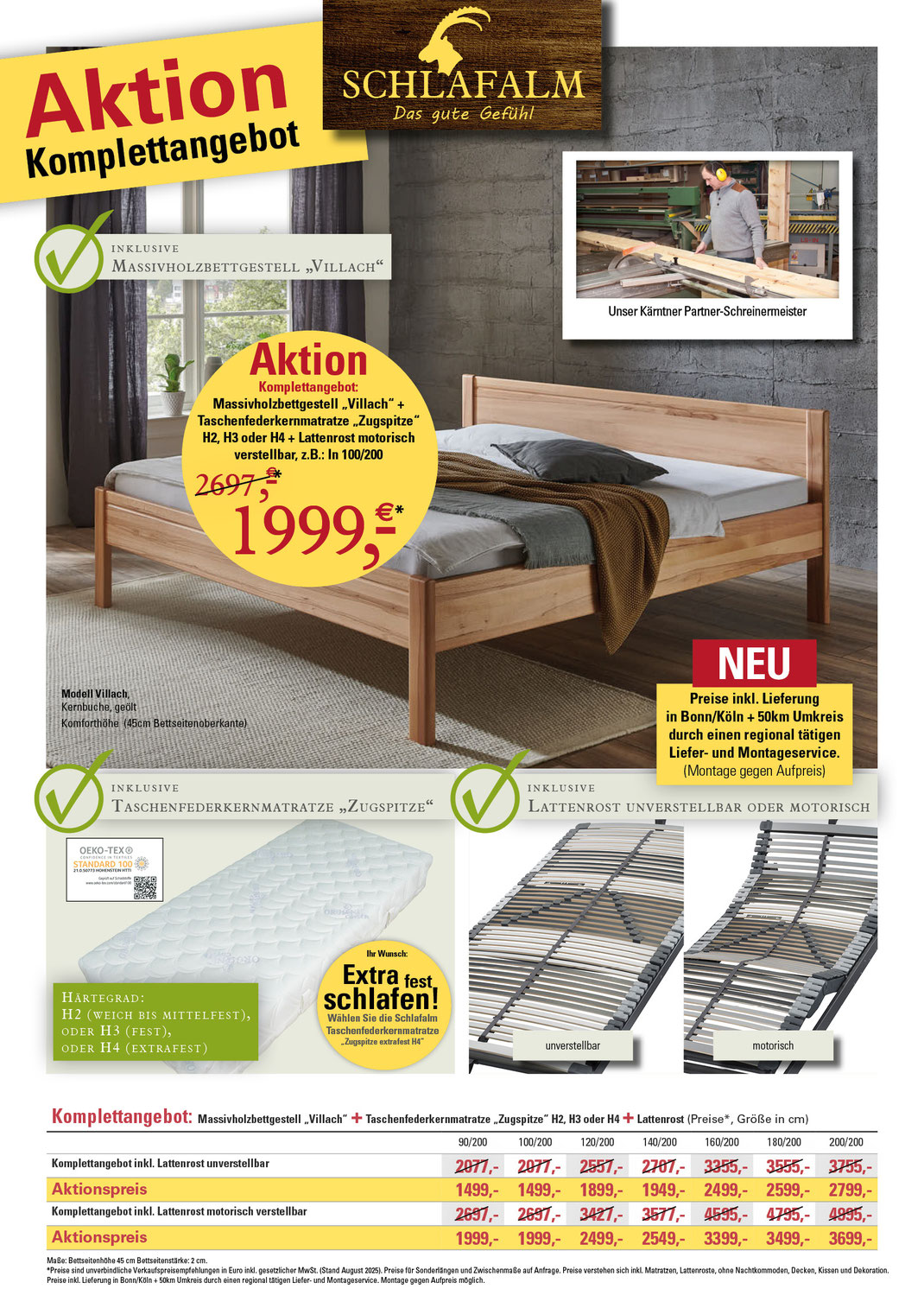 Ein Bild, das Text, Komfortbetten und Seniorenbetten zu Aktionspreisen, mit Komplettangebot Villach und Preise enthält.